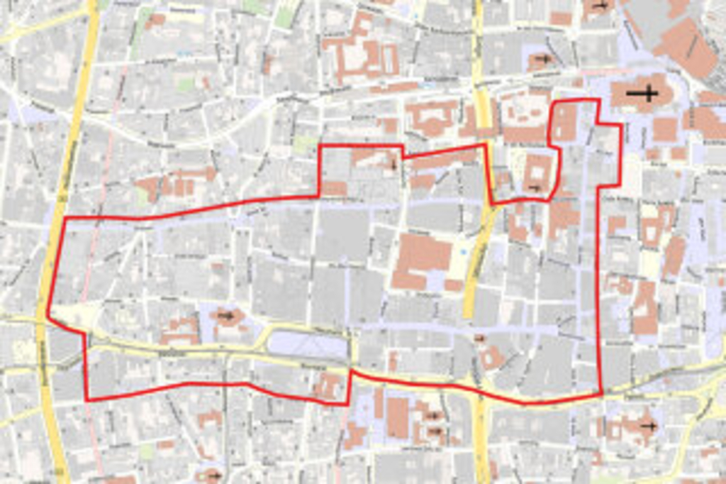 Die Karte zeigt die Kölner Innenstadt, ein rot umrandetet Bereich stellt den Aktionsraum des Zentrenmanagements für die Kölner City dar., Link auf Netzwerkarbeit für die Kölner City - Stadt Köln