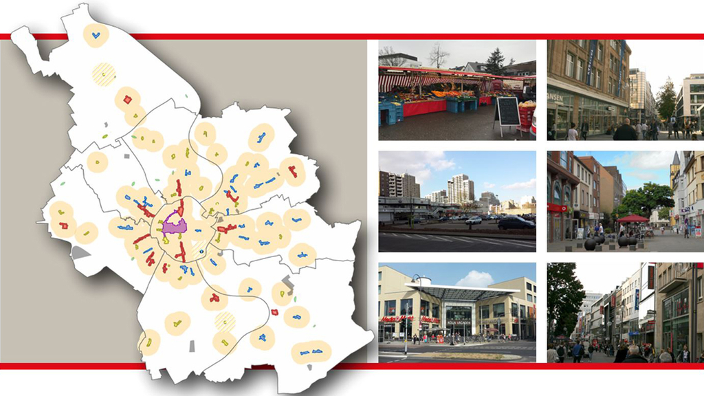 Das Bild hebt auf einer Köln-Karte die einzelnen  Einzelhandels- und Geschäftszentren hervor. Demgegenüber stehen beispielhafte Fotos dieser Zentren und Wochenmärkte., Link auf Einzelhandel und Geschäftszentren - Stadt Köln