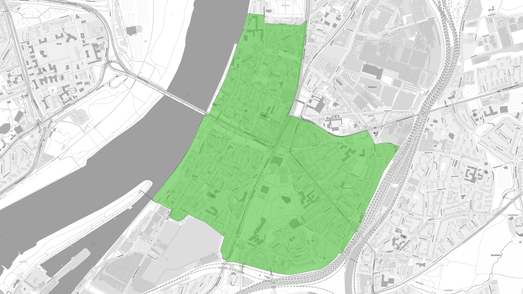 Die Karte zeigt das Gebiet, in dem die Sozialer Erhaltungssatzung Mülheim Süd-West gültig ist.