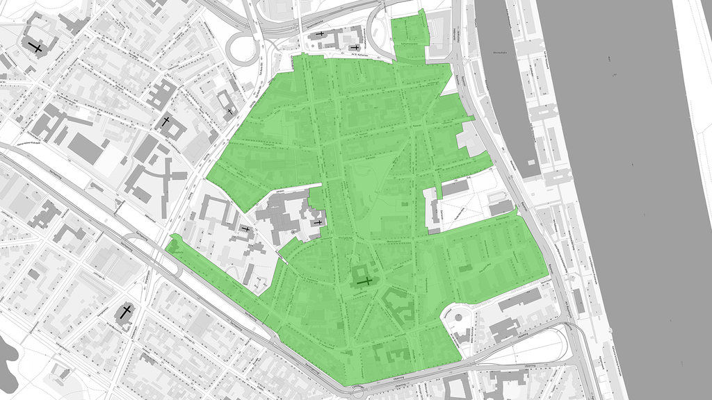 Die Karte zeigt das Gebiet, in dem die Sozialer Erhaltungssatzung Severinsviertel gültig ist.