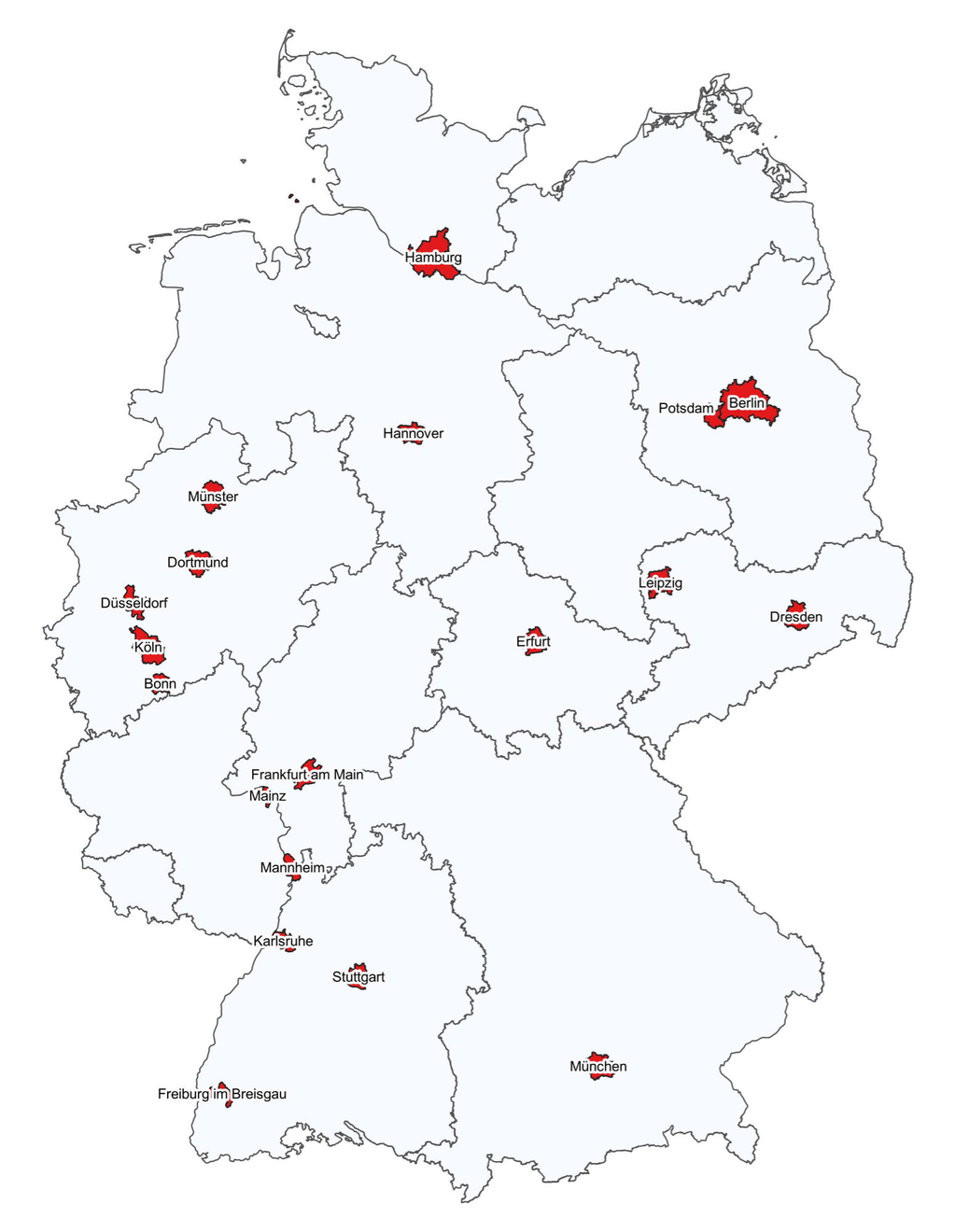 Übersichtskarte von Deutschland, auf der alle teilnehmenden Kommunen des  7. Städteaustauschs zur Sozialen Erhaltungssatzung abgebildet sind
