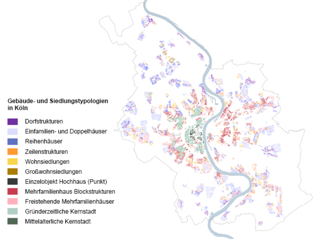 Die Grafik zeigt eine Übersichtskarte der Stadt Köln, auf der die verschiedenen Dichtebereiche - Innenstadt, Innere Stadt und Äußere Stadt – verzeichnet sind.