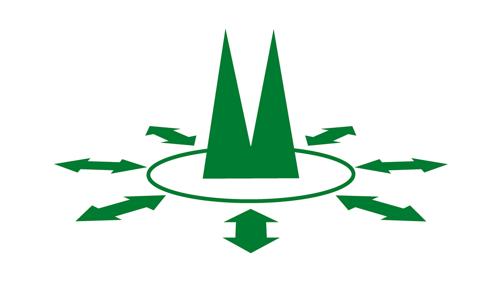 Die Grafik zeigt den Kölner Dom im Zentrum eins Kreises, Pfeile außerhalb des Kreises zeigen in alle Himmelsreichtungen