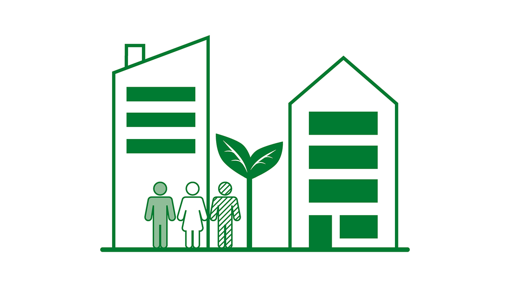 Die Grafik zeigt Einfamilienhäuser und Mehrfamilienhäuser sowie verschiedene Personen.