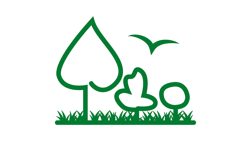 Die Grafik zeigt Bäume, Wiesen, Büsche und einen Vogel.