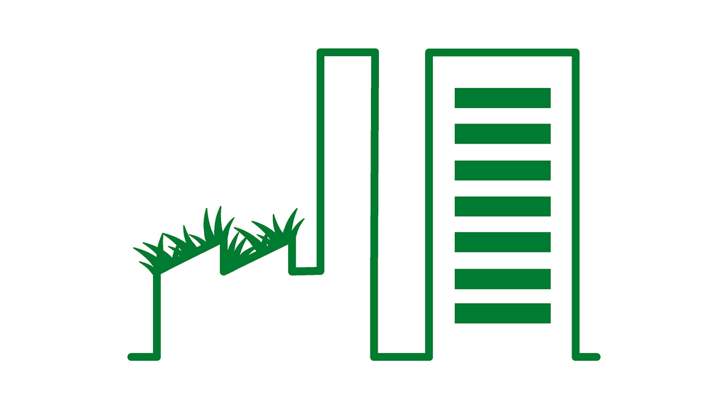 Die Grafik zeigt eine Fabrikhalle und ein Bürogebäude.