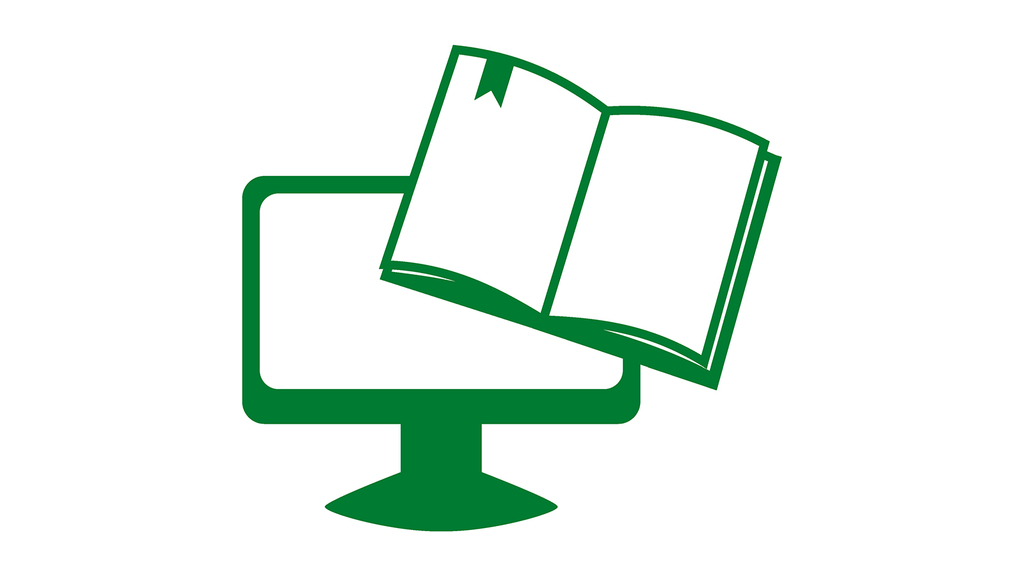 Die Grafik zeigt einen Bildschirm und ein Buch.