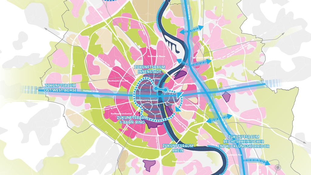 Das Bild zeigt das räumliche Leitbild der Stadtstrategie Kölner Perspektiven 2030+