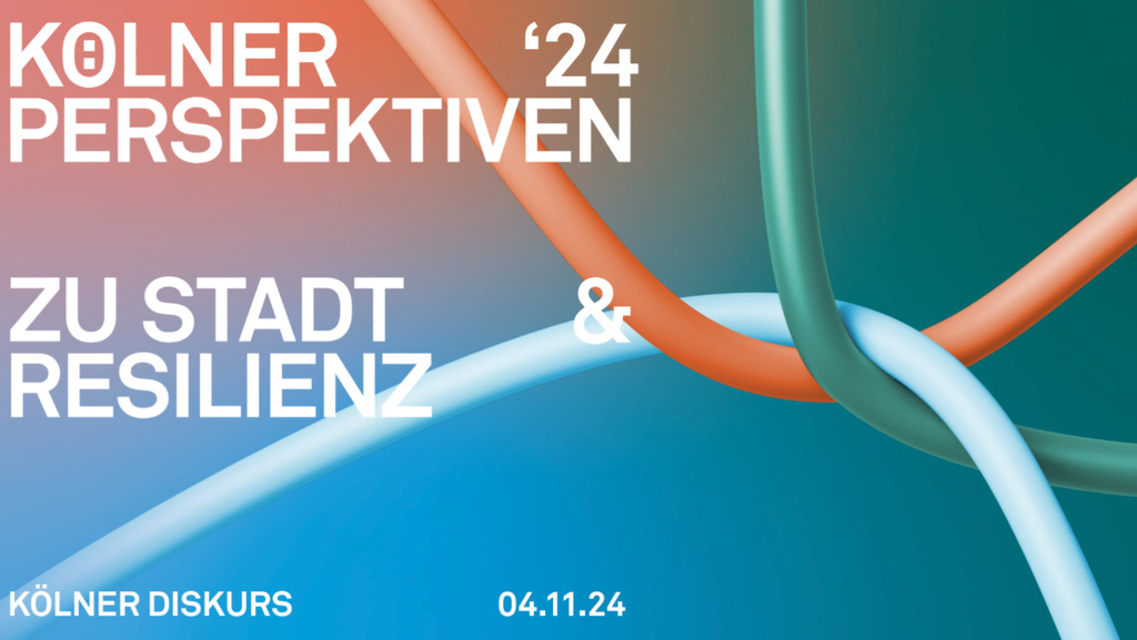 Grafik mit ineinander verbundener verschiedenfarbiger Strängen mit dem Text Kölner Perspektiven 2024 zu Stadt und Resilienz Kölner Diskurs 4. November 24