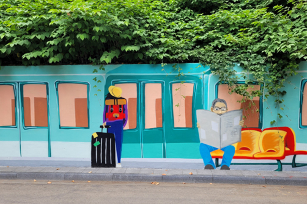 Illusionsmalerei in Unterführung Pingenweg Motiv „Bahnhof Lindweiler“: wartende Menschen Zeitung lesend