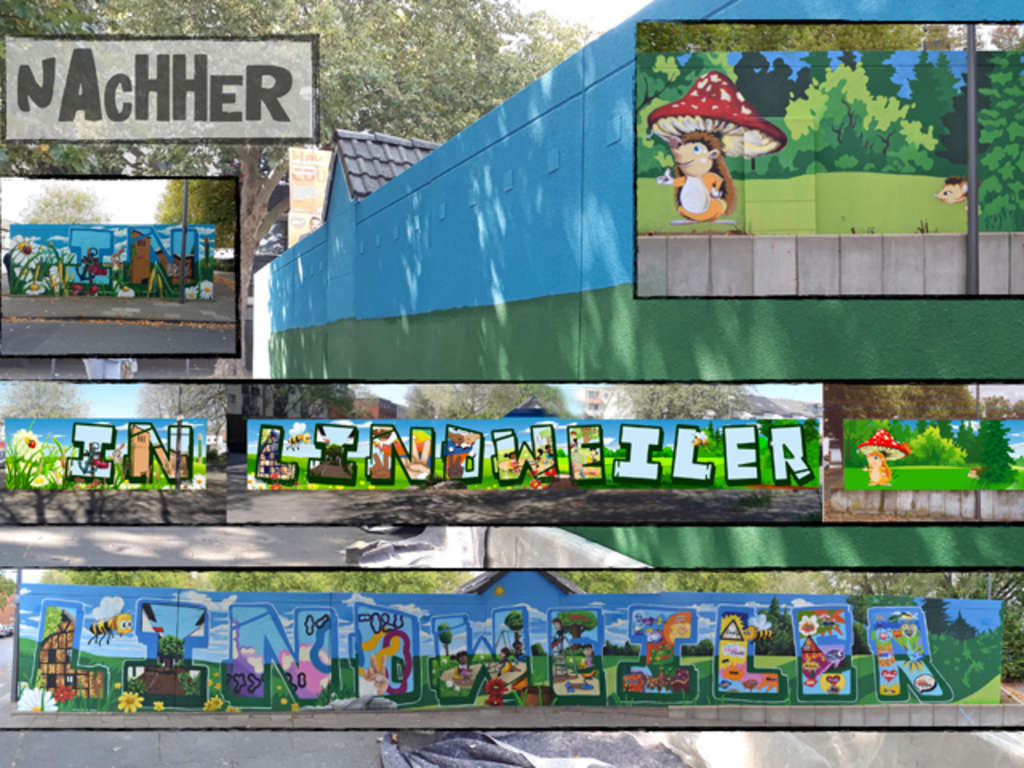 Garagenwand am Kirchplatz nach der Aufwertung durch die Bürger*i