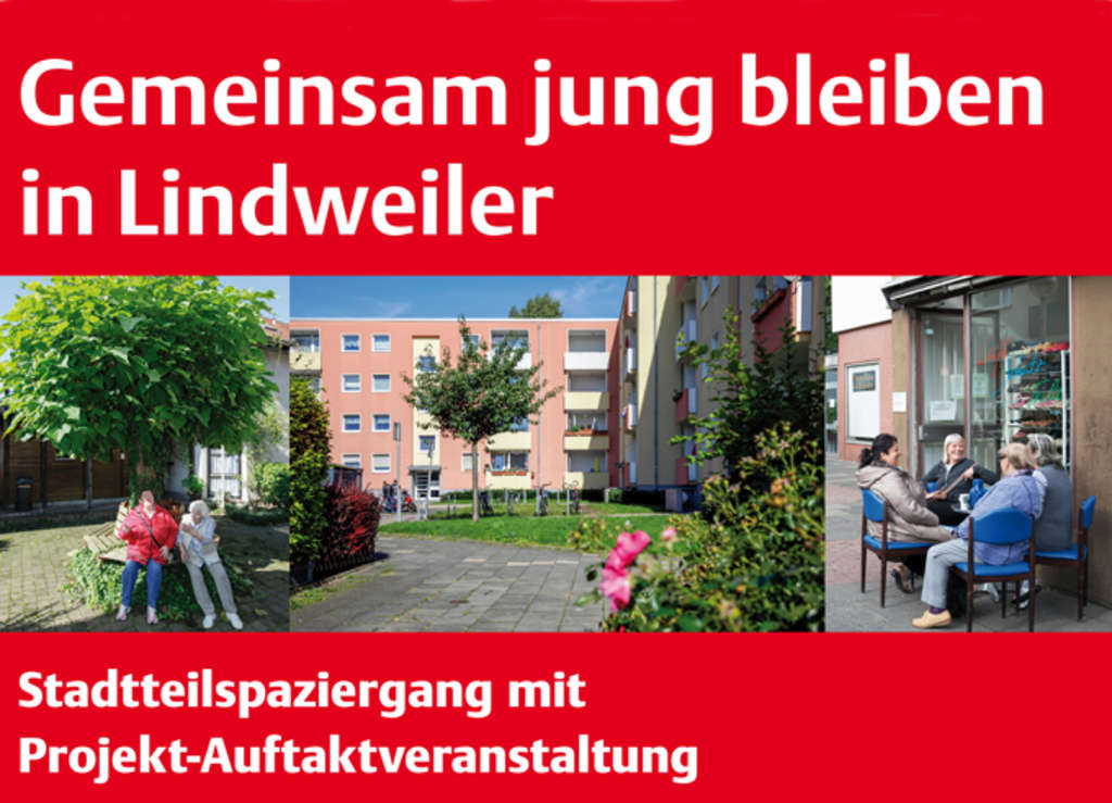 Hauszeile in Lindweiler mit Personen und dem Schriftzeug Gemeinsam jung bleiben in Lindweiler