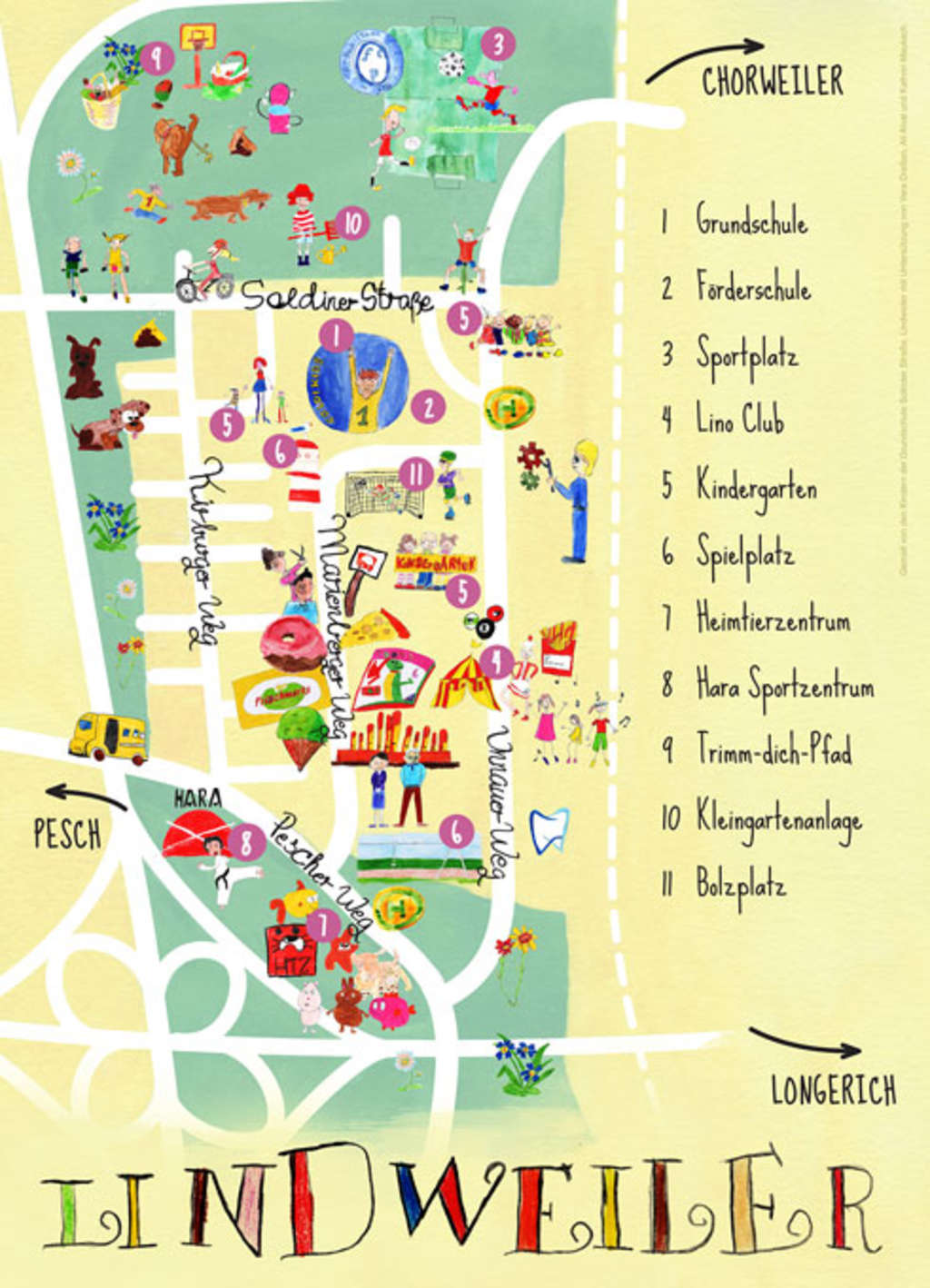 Stadtteilplakat mit bunten Zeichnungen von Grundschulkindern aus Lindweiler