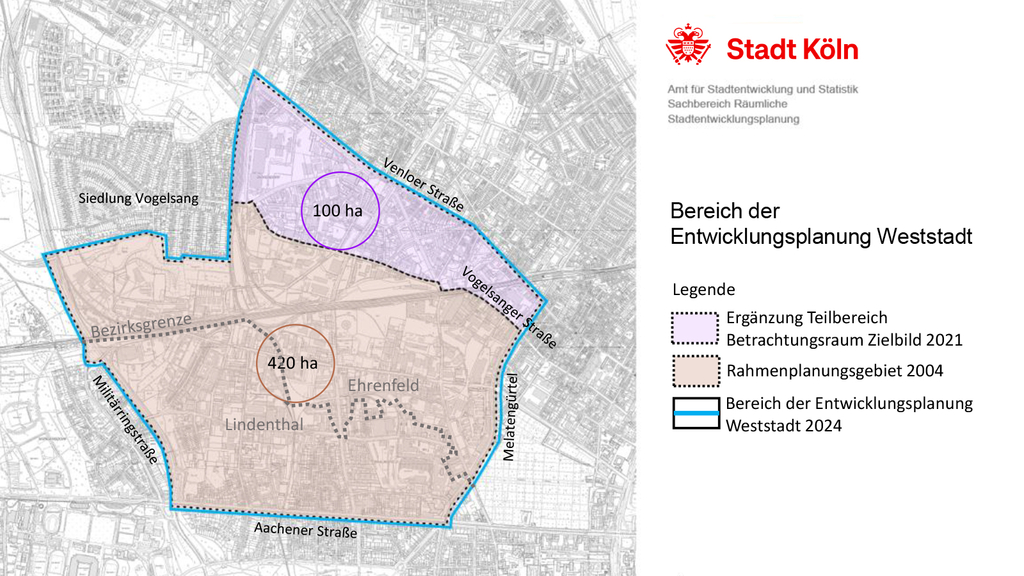 Das Bild zeigt eine Karte auf dem der Bereich der Entwicklungsplanung Weststadt eingezeichnet ist. 