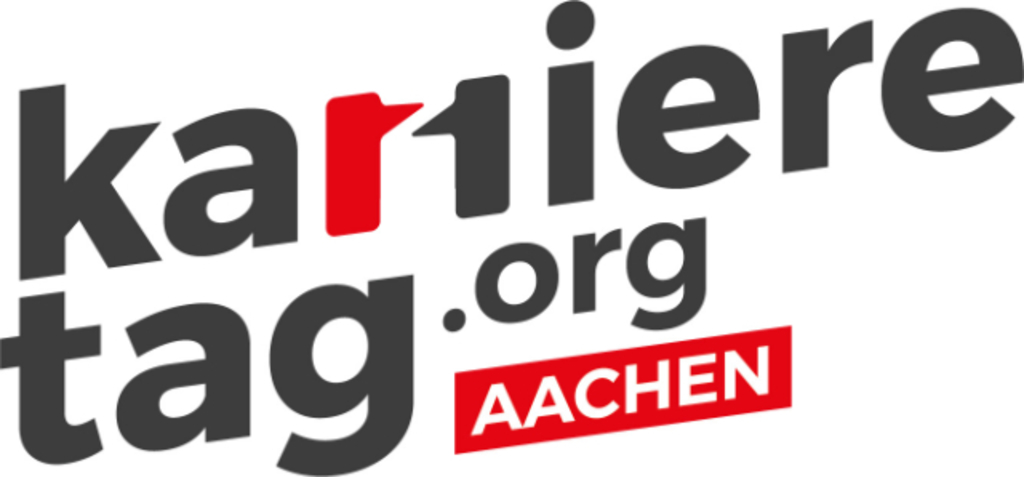 Logo des Karrieretages in Aachen, weißer Hintergrund mit Schriftzug in Kleinbuchstaben karrieretag.org und Schriftzug Aachen mit weißer Schrift auf rotem Hintergrund