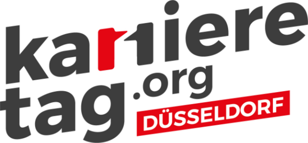 Logo des Karrieretages in Düsseldorf, weißer Hintergrund mit Schriftzug in Kleinbuchstaben karrieretag.org und Schriftzug Düsseldorf mit weißer Schrift auf rotem Hintergrund