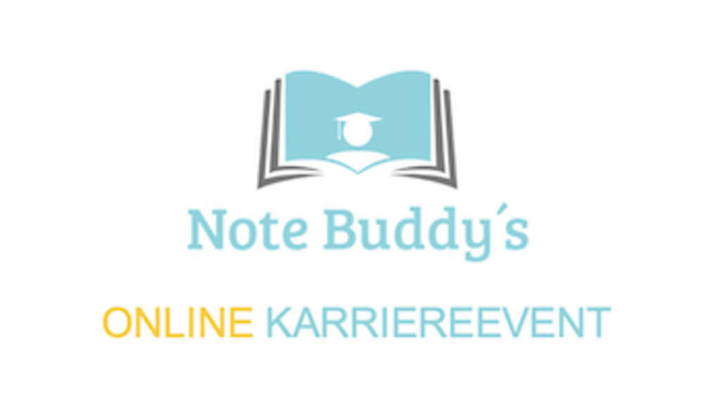 Aufgeschlagenes Buch, darunter Schriftzug Note Buddys Online Karriereevent