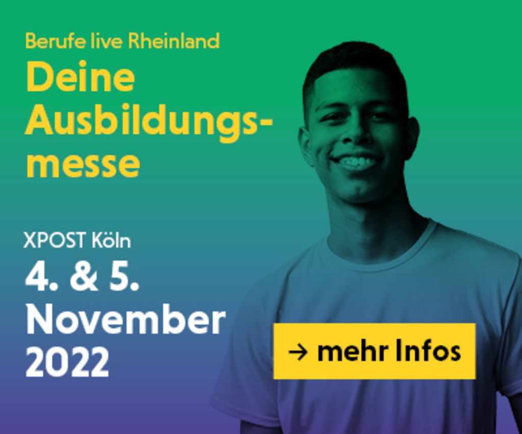 Lächelnde Person daneben Schriftzug: Berufe live Rheinland. Deine Ausbildungsmesse. Xpost Köln 4. und 5. November 2022. 