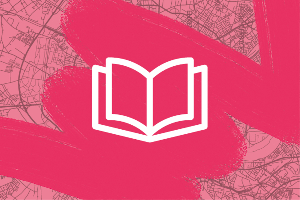 Pinker Stadtplan mit Pinselstrichen und Grafik von Buch, Link auf Ausbildungsangebot 