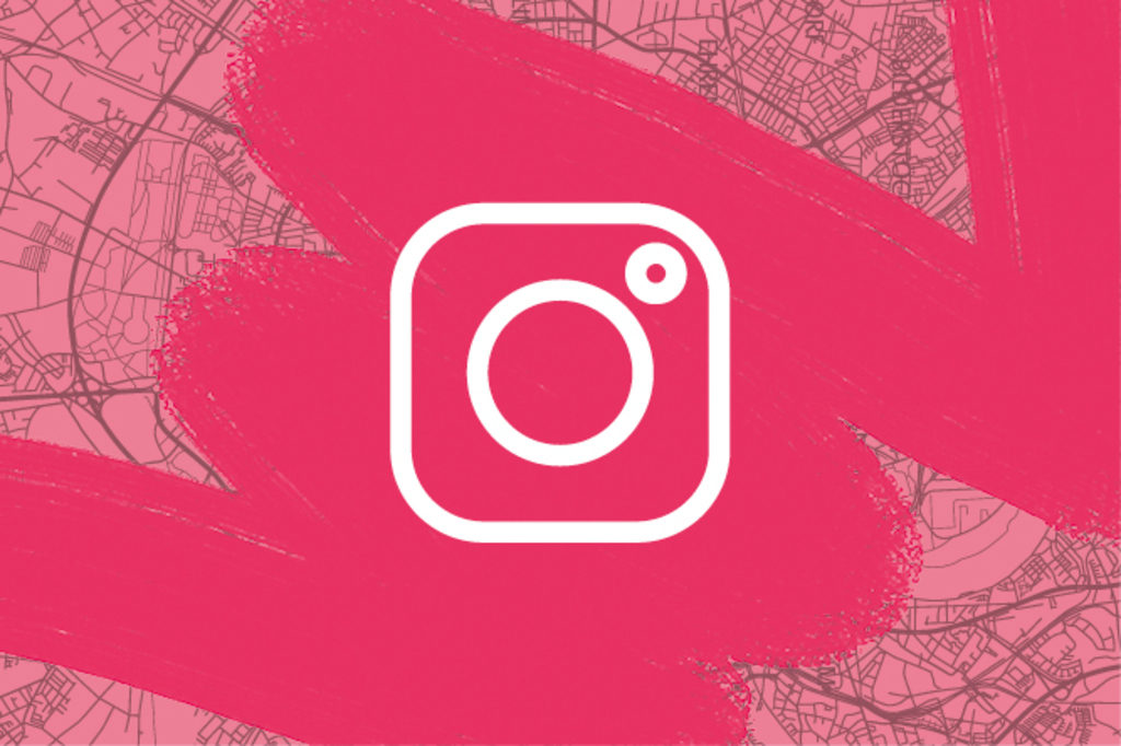 Pinker Stadtplan mit Pinselstrichen und Grafik von Kamera, Link auf Ausbildungsleitung Stadt Köln (@stadtkoeln_ausbildung)