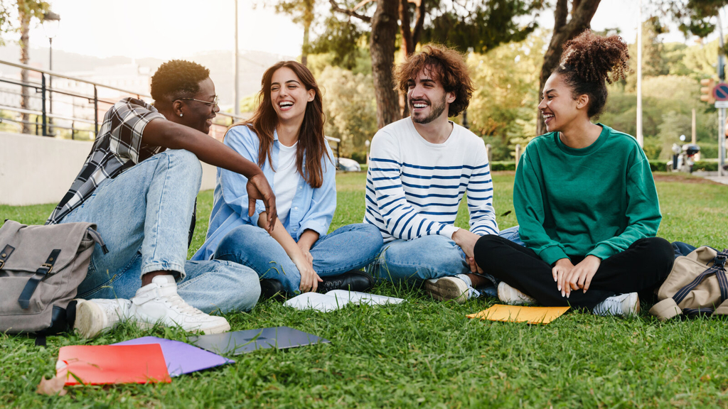 Studierende sitzen auf einer Wiese und unterhalten sich