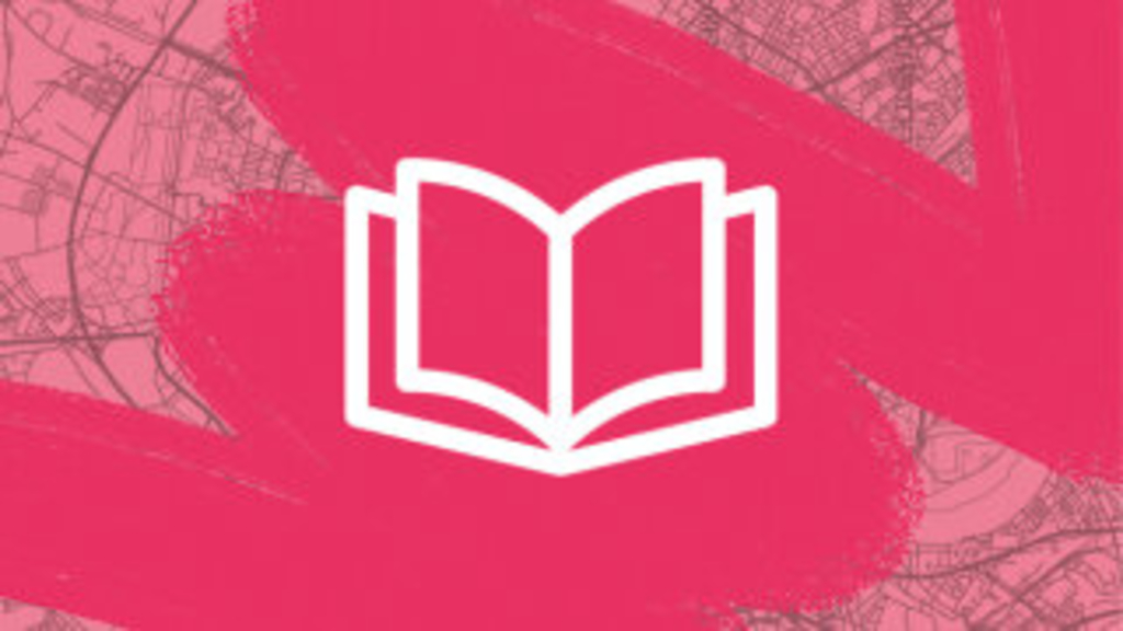 Pinker Stadtplan mit Pinselstrichen und Grafik von Buch, Link auf Ausbildung