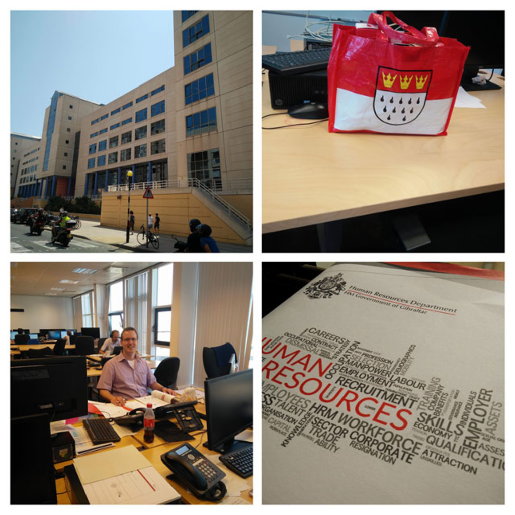 Fotocollage: Dienstgebäude, Tasche mit Kölner Stadtwappen auf Schreibtisch, Arbeitssituation im Büro, Logo des Amtes