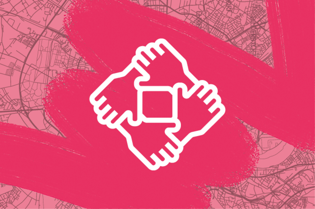 Pinker Stadtplan mit Grafik von ineinander greifenden Händen