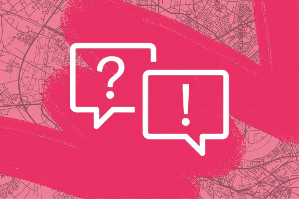 Pinker Stadtplan mit Grafik von Frage- und Antwortzeichen