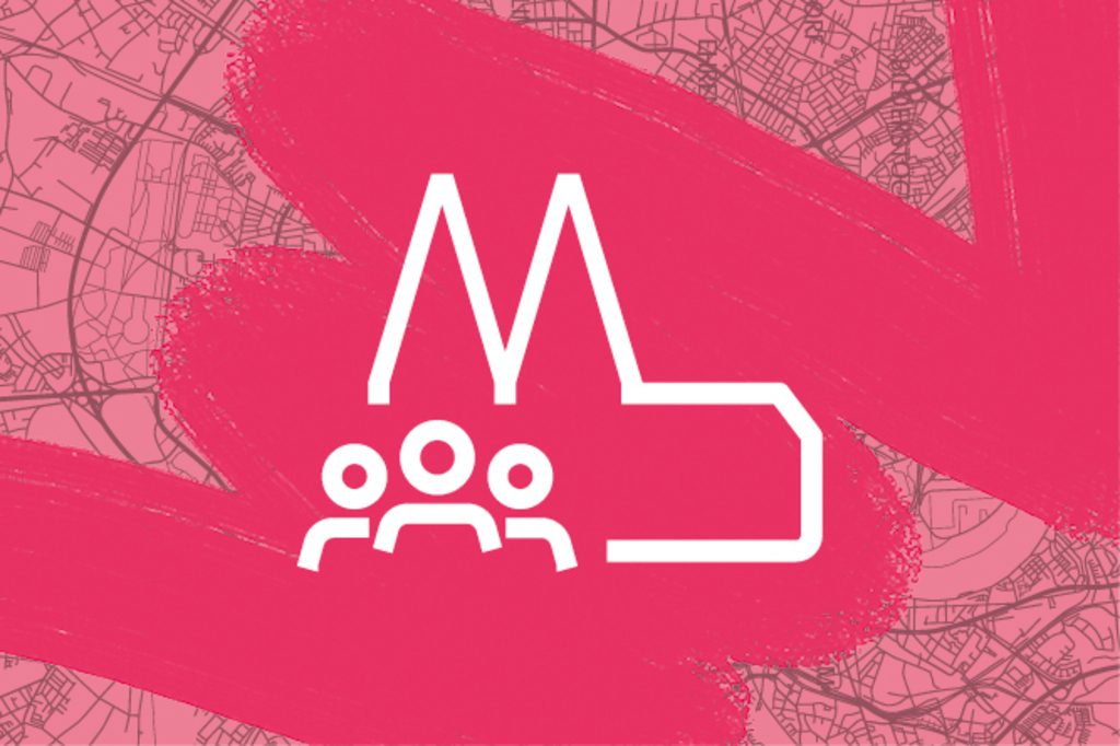 Rosa Stadtplan mit Pinselstrichen und Grafik von Dom und Leuten