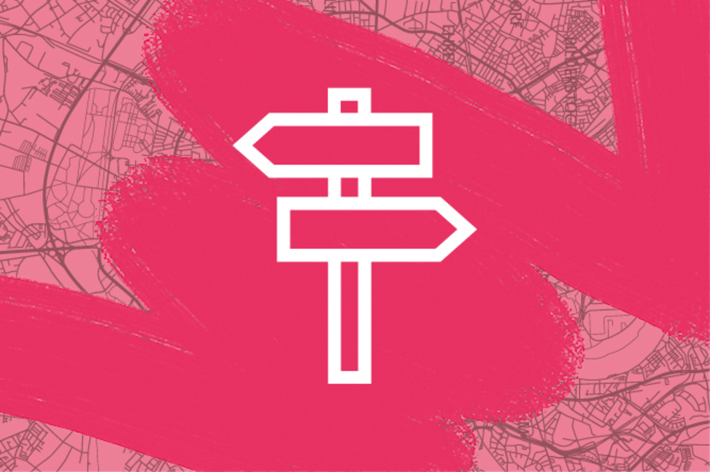 Pinker Stadtplan mit Pinselstrichen und Grafik von Wegweiser