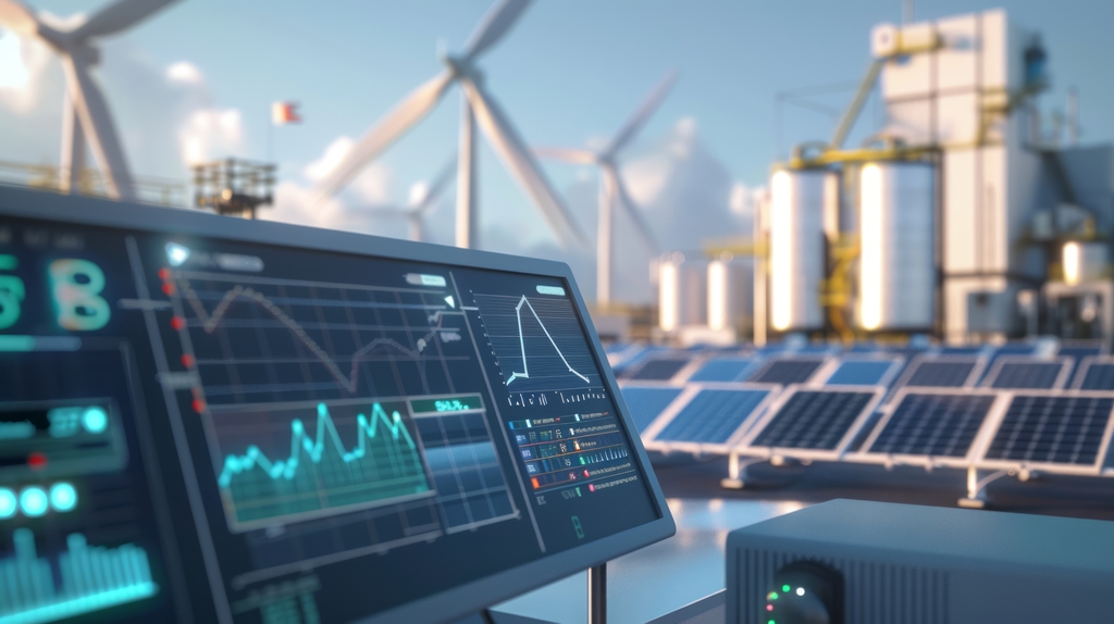 Renewable energy data analysis on digital monitor at solar and wind power plant. Sustainable development and green technology concept. Digitalization of the energy sector with copy space., Link auf Klimaschutz-Monitoring