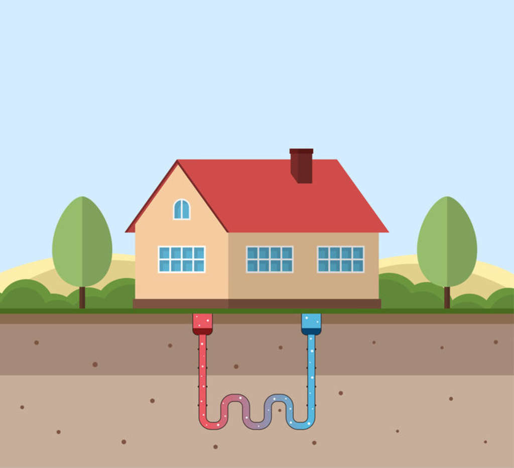 Geothermal energy concept. Eco friendly house with geothermal heating and energy generation.