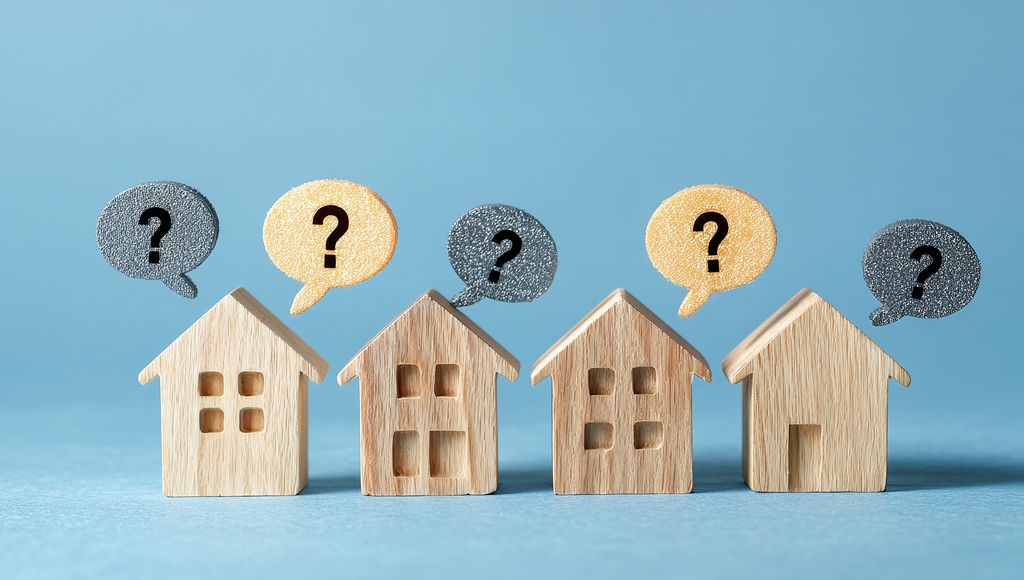 Wooden Houses with Speech Bubbles and Question Marks on Blue Background — Real Estate Market Concept with Copy Space, Link auf Fragen und Antworten zur Kommunalen Wärmeplanung (KWP) - Stadt Köln