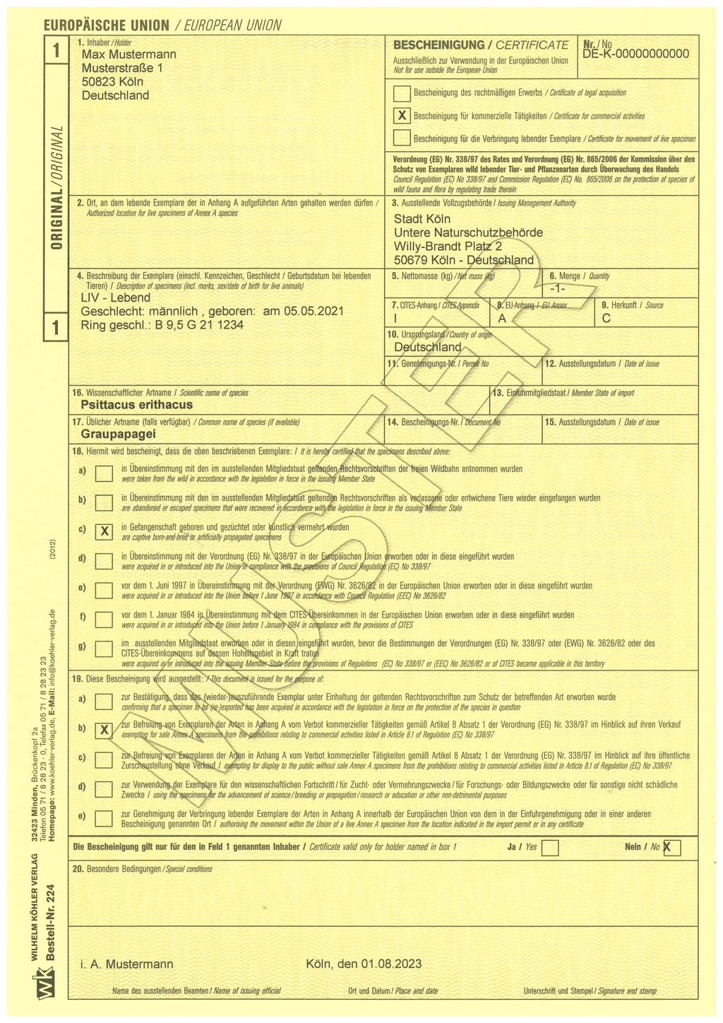 Vermarktungsbescheinigung