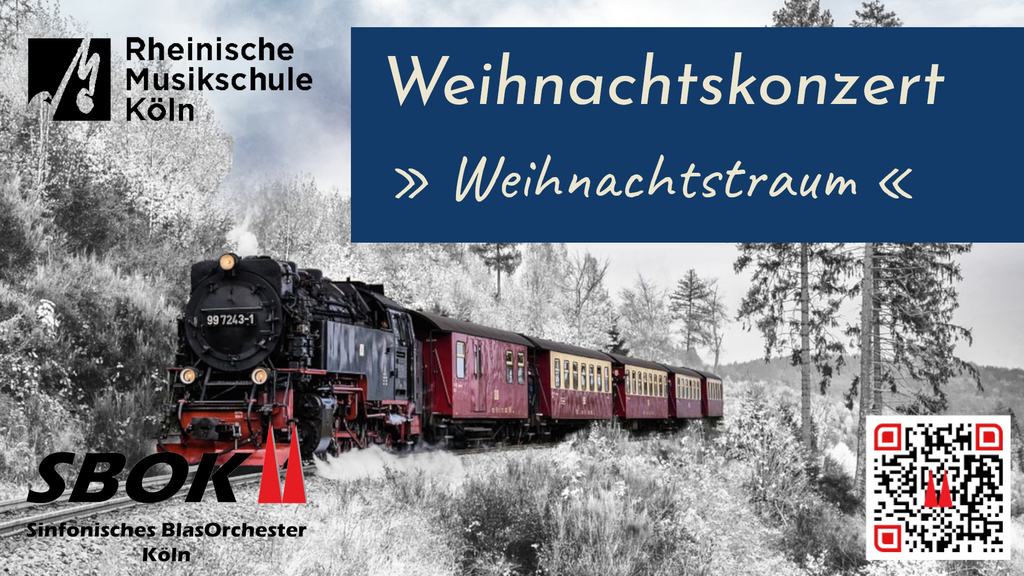 Im Hintergrund eine Winterlandschaft mit einer historischen Damp, Link auf Weihnachtskonzert 3 "Weihnachtstraum" des Sinfonischen BlasOrchesters Köln - Stadt Köln