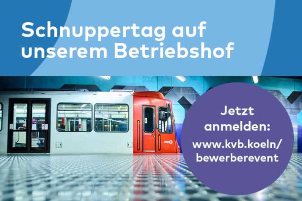 Grafik einer U-Bahn-Haltestelle mit einer Stadtbahn und dem Schriftzug Schnuppertag auf unserem Betriebshof, Jetzt anmelden www.kvb.koeln/bewerberevent