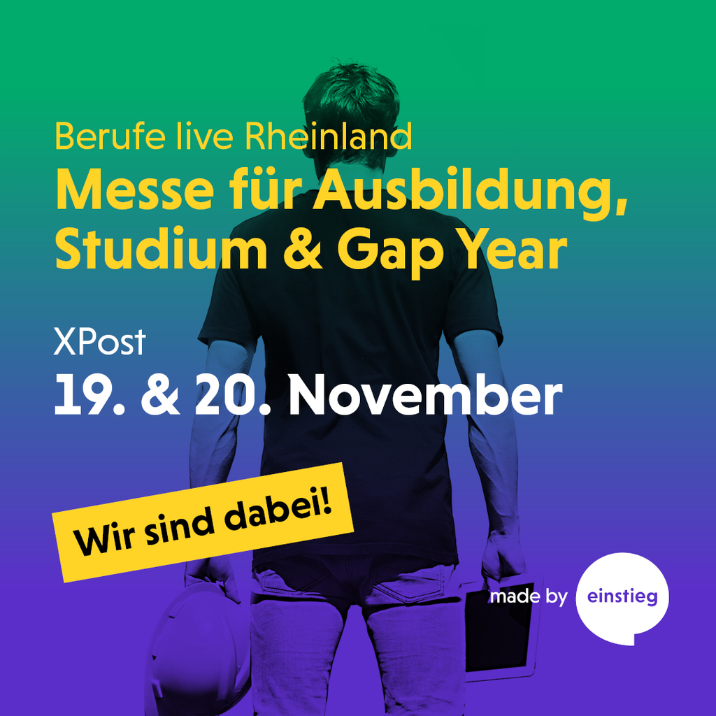 Ein Mann von hinten fotografiert (schwarz/weiß), in der linken Hand ein Bauhelm, in der rechten ein TabletDarüber der Schriftzug "Berufe live Rheinland - Messe für Ausbildung, Studium & Gap Year - XPost - 19. & 20. November - Wir sind dabei!