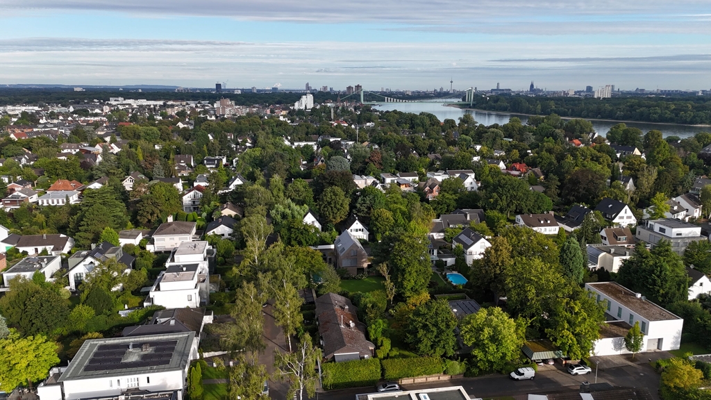 Ein Teil Kölns aus der Vogelperspektive, im Hintergrund ist der Rhein zu erkennen. Davor Häuser und Bäume.
