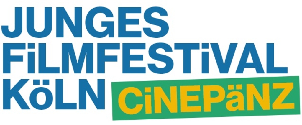 Blaue Schrift: Junges Filmfestival Köln, gelbe Schrift, grün hinterlegt: Cinepänz