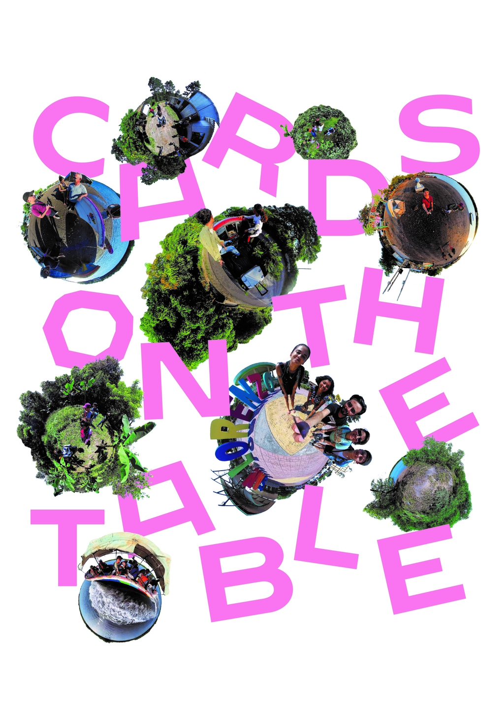 Neun Fotos von Menschen in der NAtur, darüber der Schriftzug in pink "cards on the table"