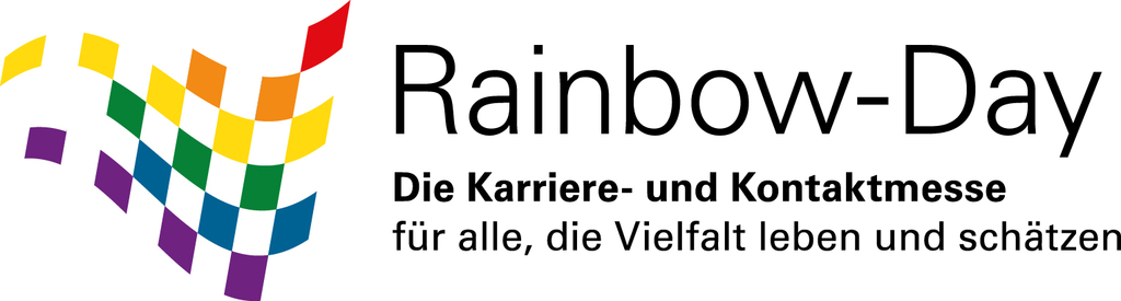 Logo mit schwarzer Schrift auf weißem Hintergrund "Rainbow-Day Die Karriere- und Kontaktmesse für alle, die Vielfalt leben und schätzen" neben wellenförmig angeordneten Vierecken in Regenbogenfarben