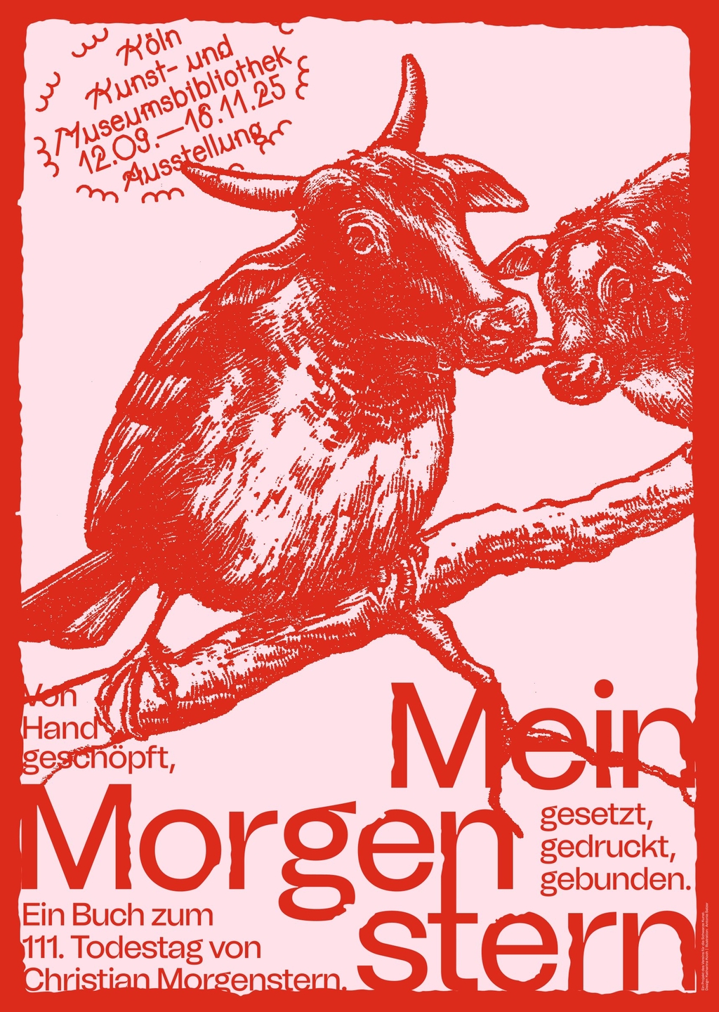 Plakat zu Ausstellung "Mein Morgenstern", eine Mischung aus Kuh und Vogel. Beide sitzen auf einem Ast.