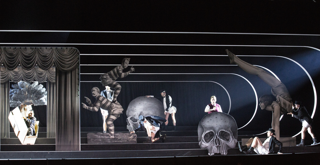 Ausschnitt des Bühnenbildes mit Schauspieler*innen und Totenköpfen