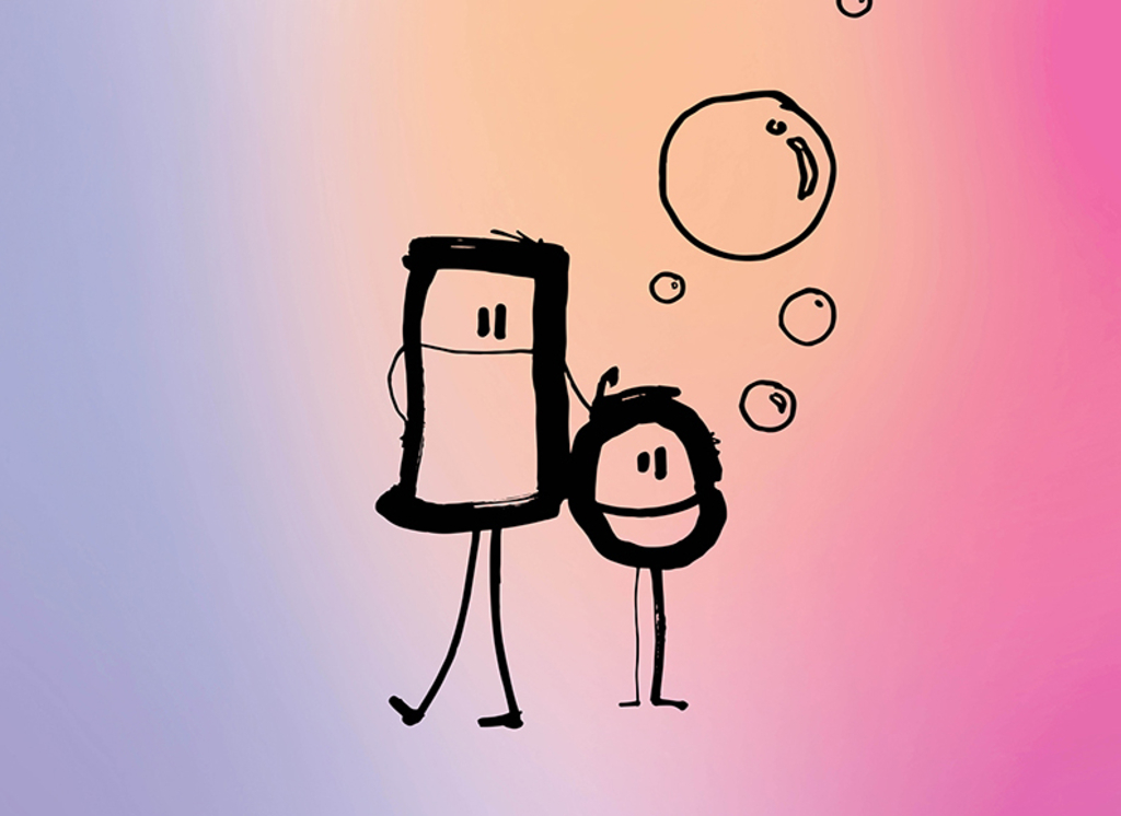 Grafik von zwei Strichmännchen auf buntem Hintergrund