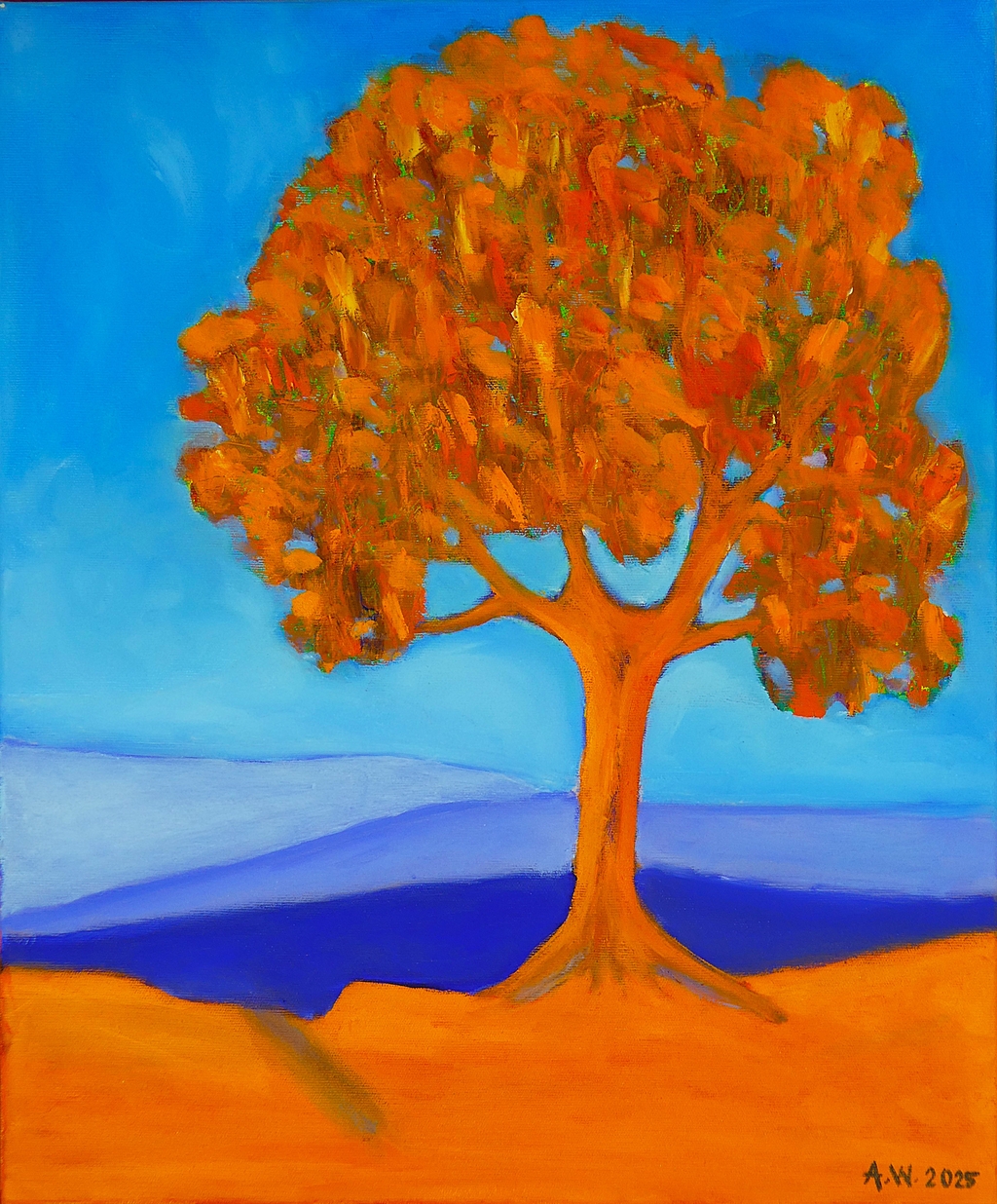 Gemälde von einem orangenen Baum, auf orangenem Grund mit einem blauen Hintergrund