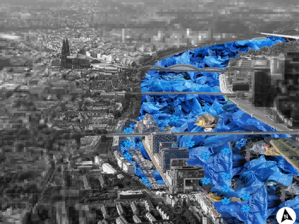 Kunstwerk mit Köln in Schwarz-Weiß und dem Rhein in blauem Papiermüll mit Blüten 