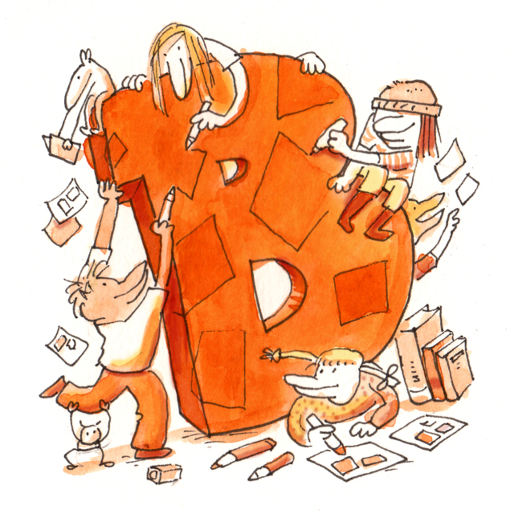 Comiczeichnung mit einem großen B und Comicfiguren, die darauf r