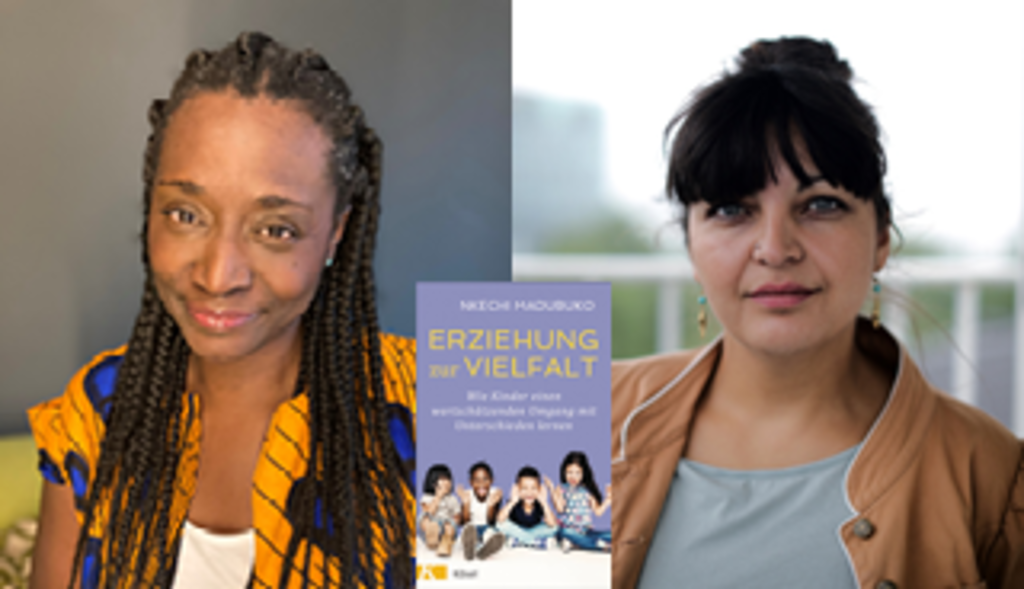 Collage mit Foto von Dr. Nkechi Madubuko und Yasmine Chehata mit Buchcover Erziehung zur Vielfalt