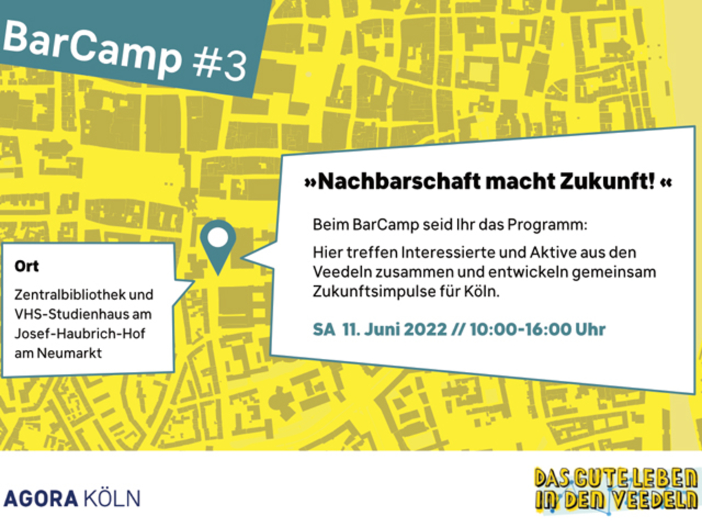 Plakat BarCamp #3 "Nachbarschaft macht Zukunft" auf einem gelben Stadtplan